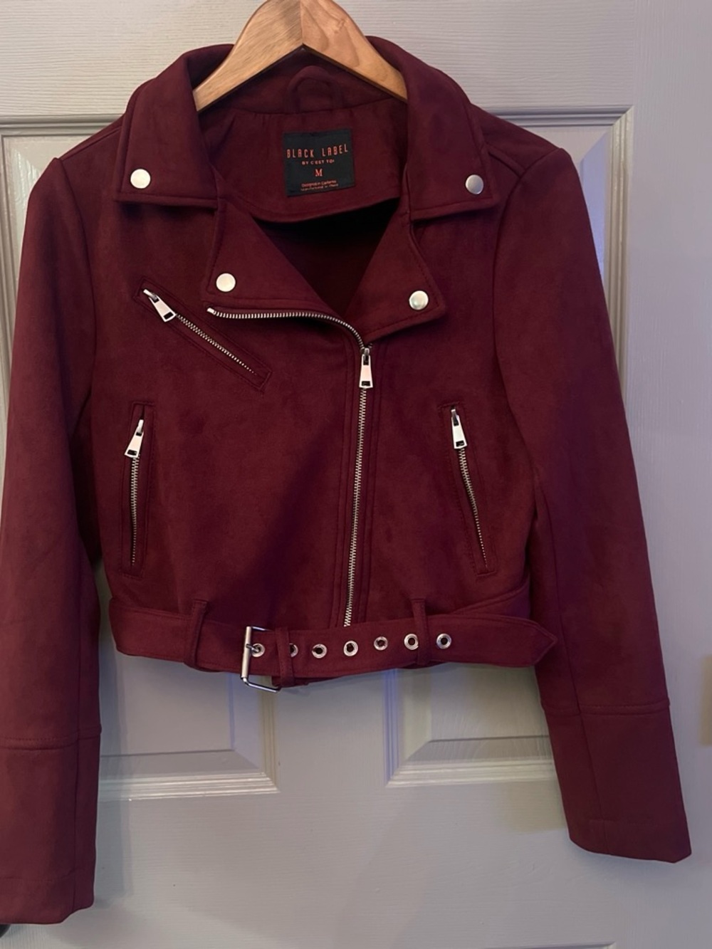 Black Label by C’est Toi Women's Burgundy Moto-Style Belted Jacket Size M